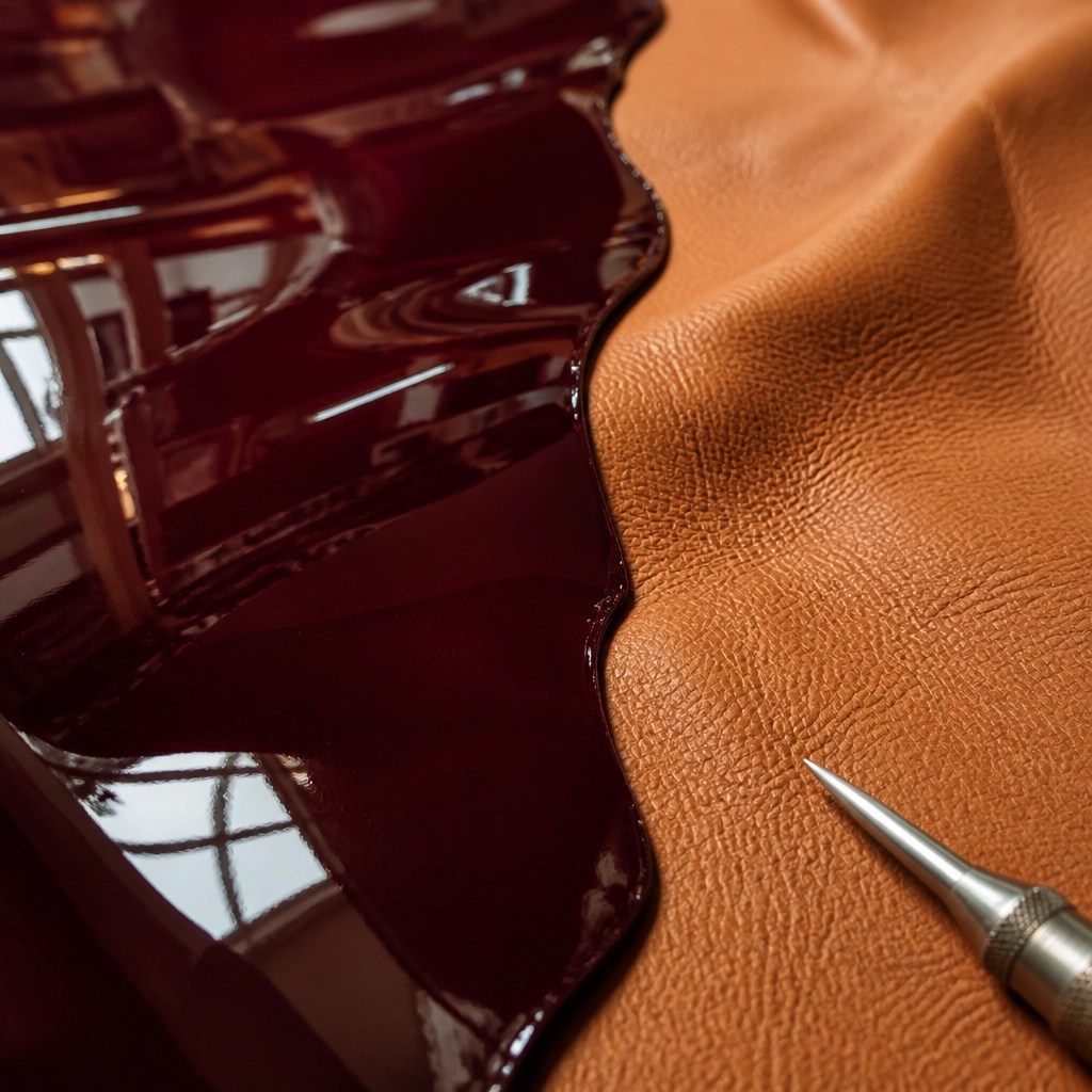 A close-up macro shot of patent and matte leather textures