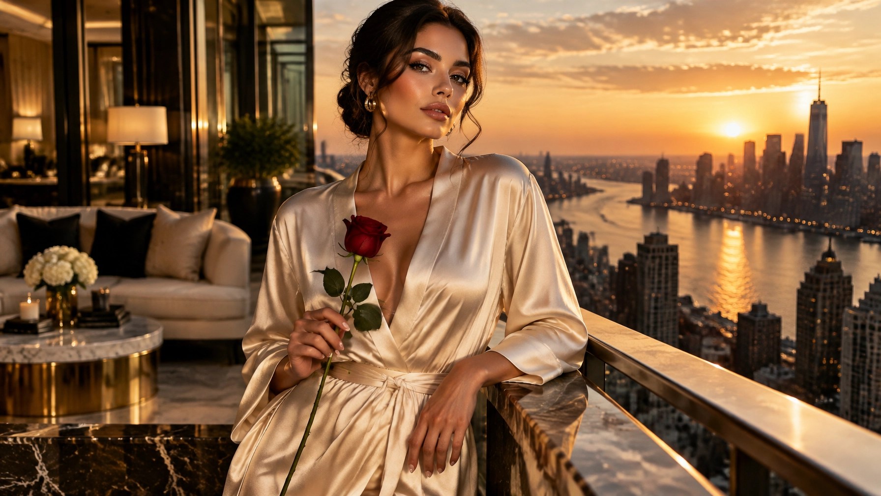 Elegant woman in golden-hour feminine energy embodying radiant receiving power while manifesting a high-caliber soul-aligned partner
