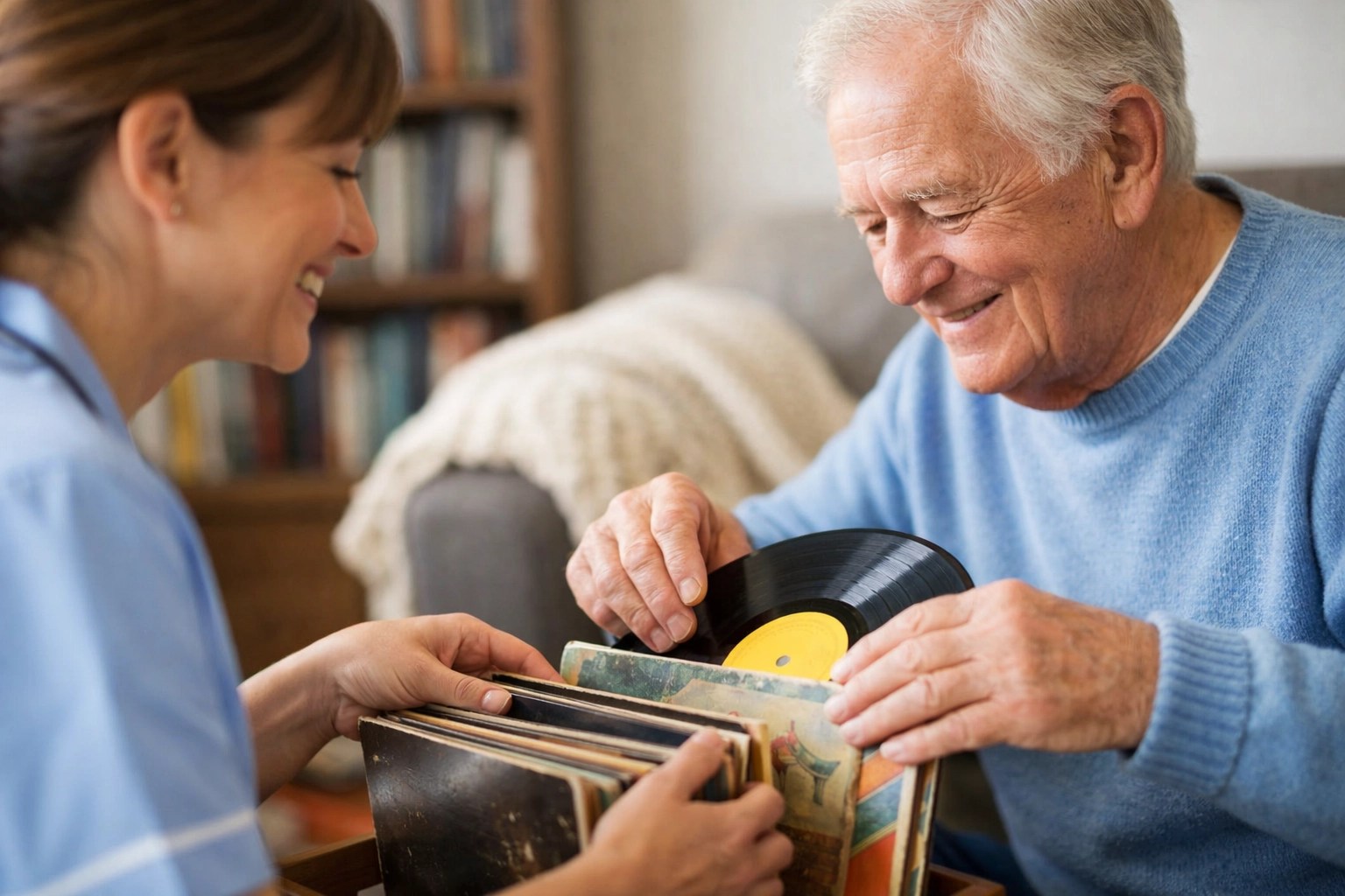 Dedicated home care professional helping an elderly man with hobbies, supporting independence at home.