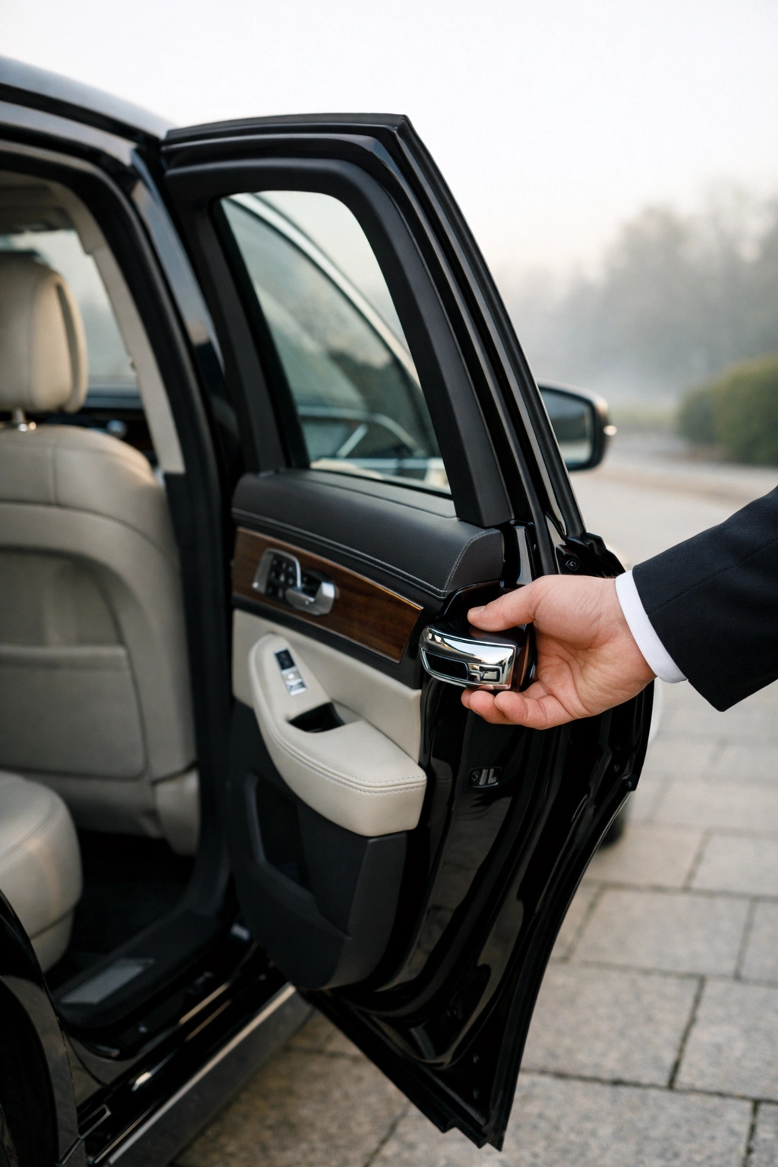 Professional driver opening a luxury vehicle door for medical transport, emphasizing safety and dignity for patients.