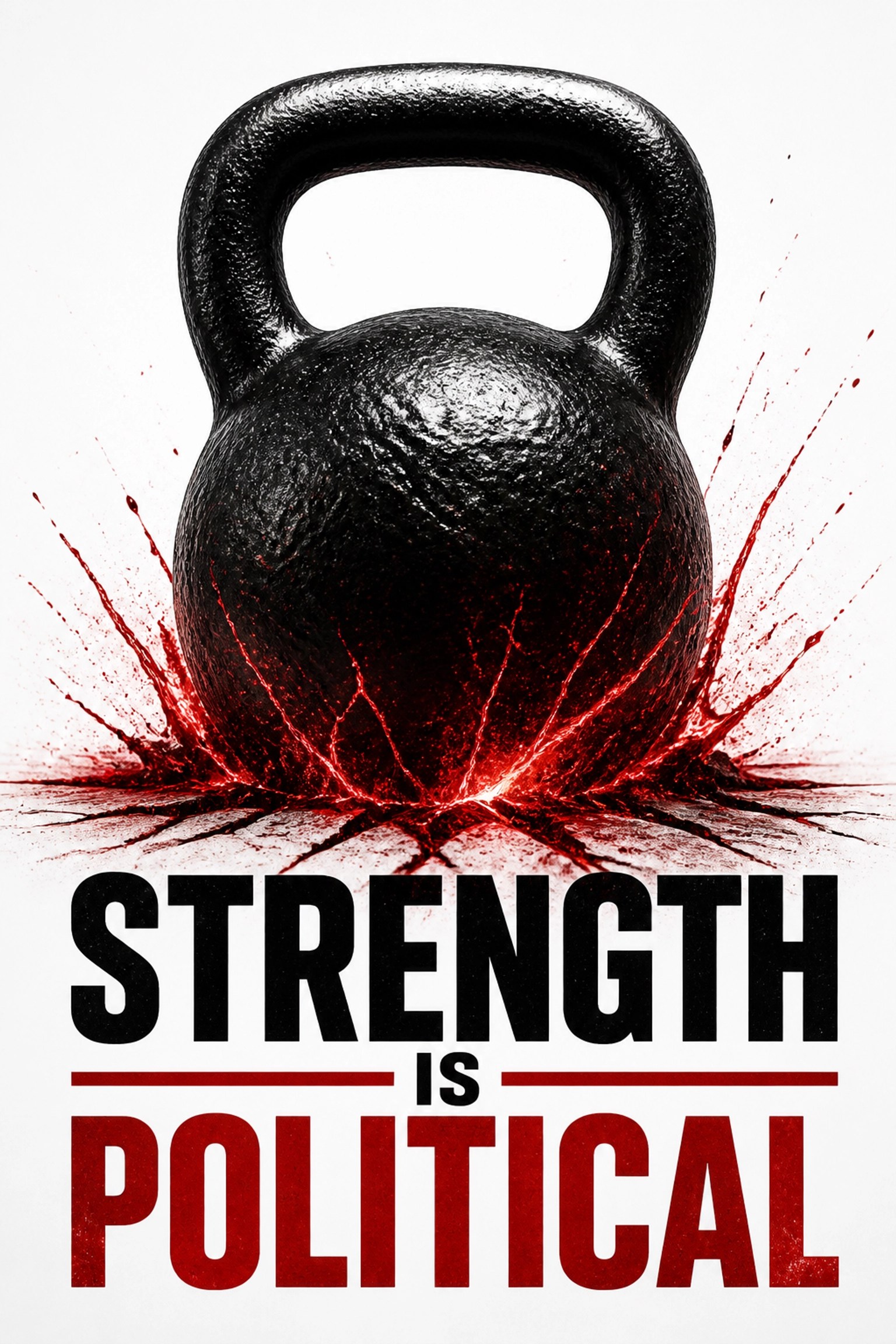 A black iron kettlebell with red energy accents, highlighting physical health as a powerful political act.