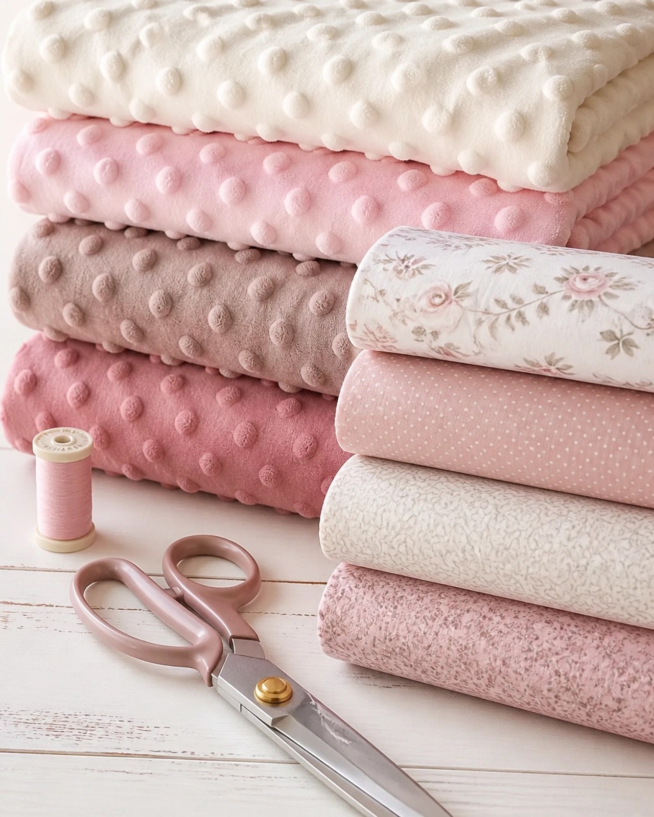 A close-up of soft minky and wide-back fabrics in soft tones of pink and cream, highlighting their cozy textures.