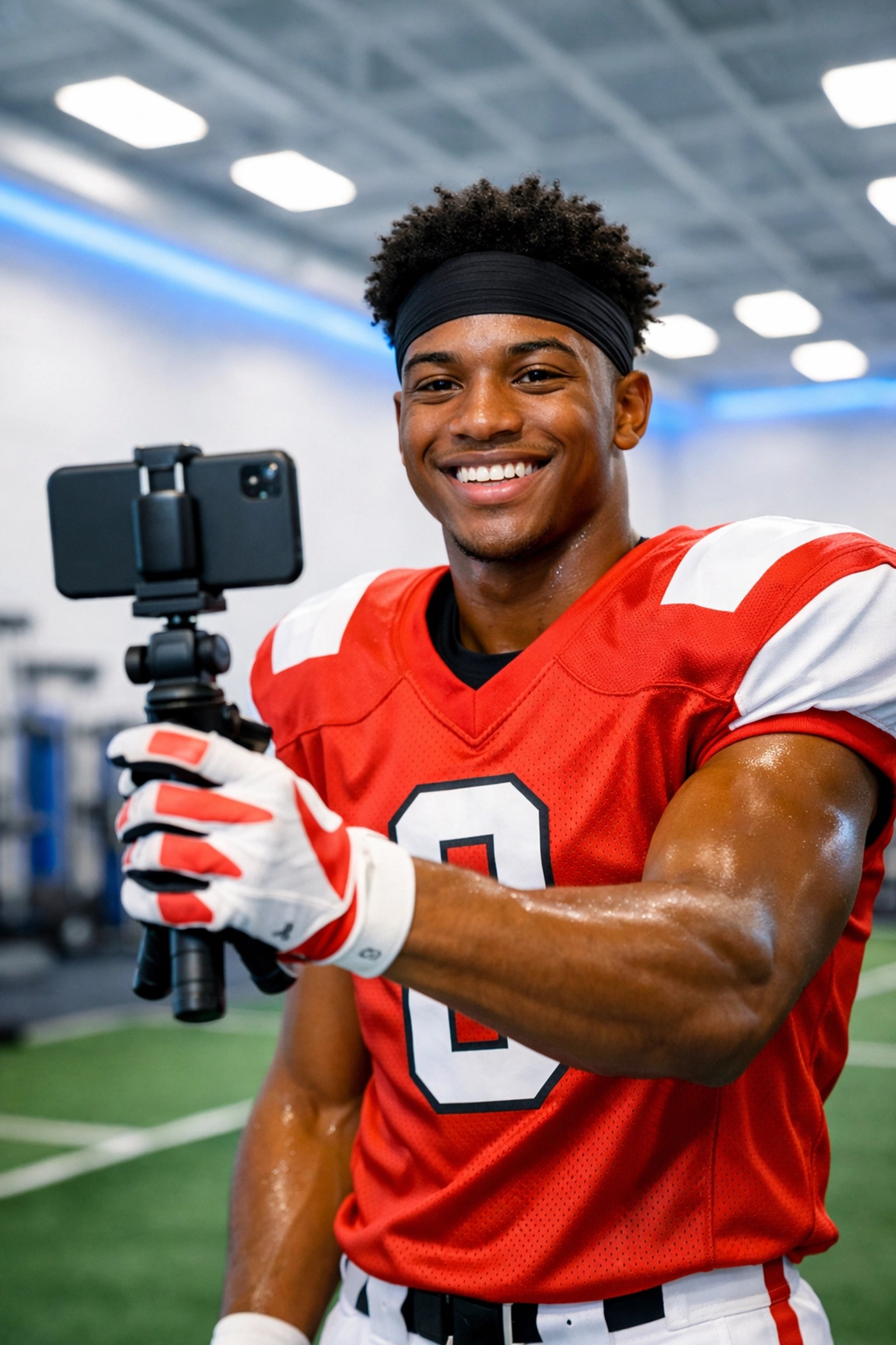 High school football player creating social media content for personal brand