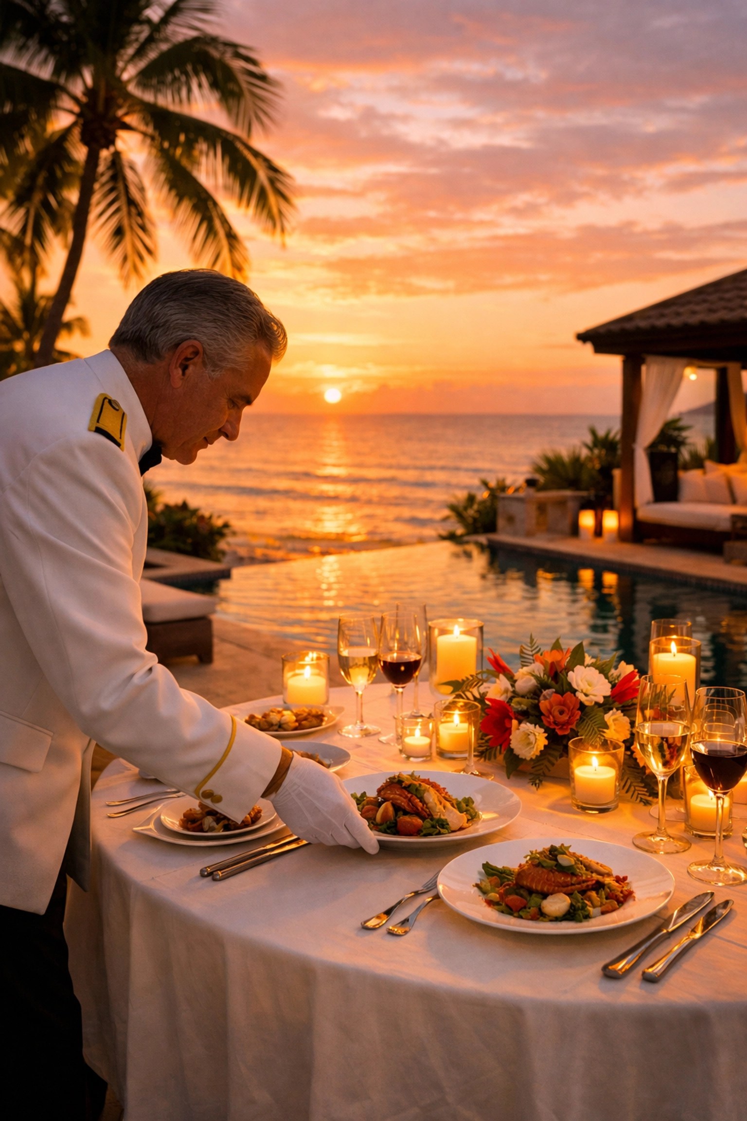 Butler service arranging candlelit dinner on villa terrace overlooking Caribbean Sea
