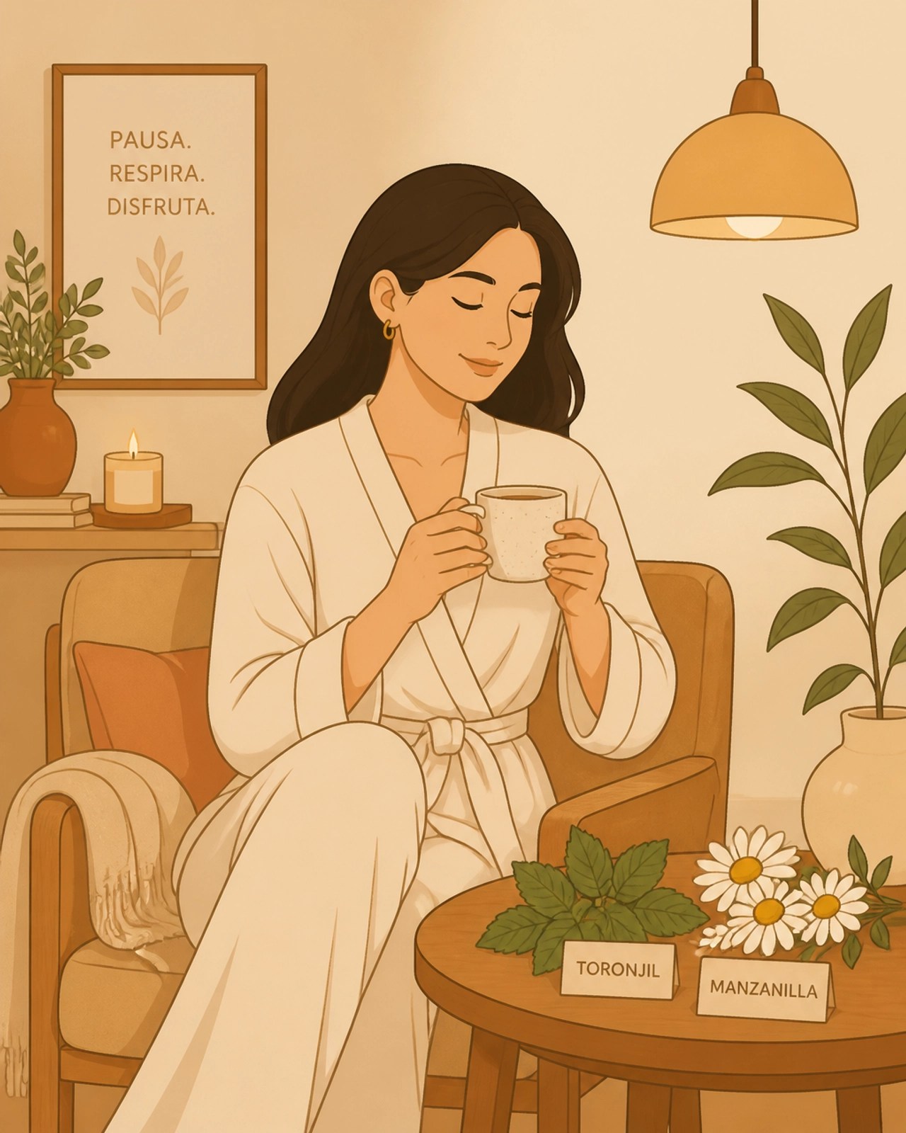 Ilustración de una persona relajándose con una infusión de hierbas locales en un entorno cálido y acogedor