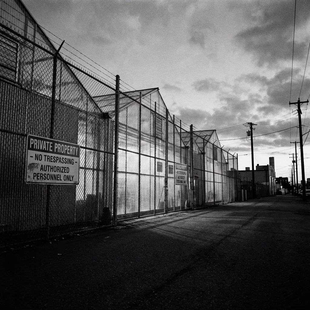 Industrial perimeter security with a chain-link fence and no trespassing sign
