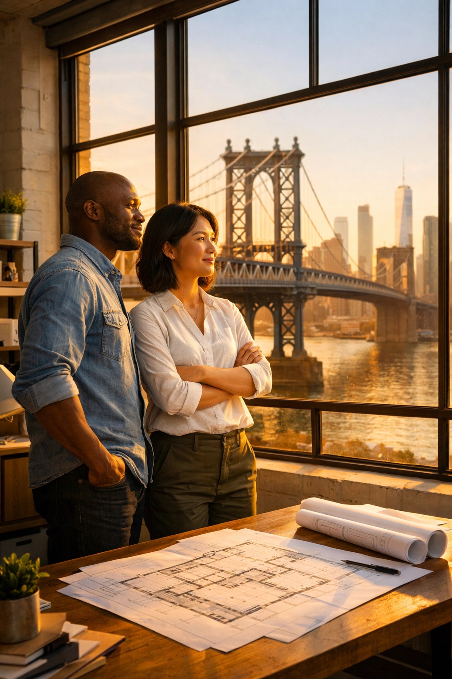 Two business owners in a Brooklyn office planning health insurance options for their New York company.