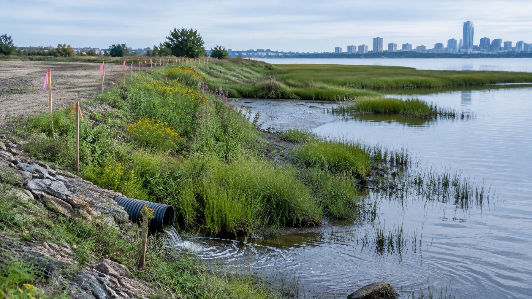 Wetland boundary between a northern New Jersey development site and tidal water, with survey flags and drainage infrastructure
