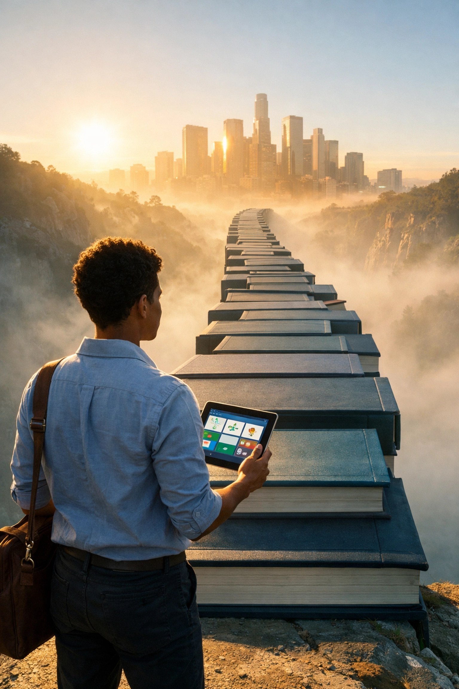 Young professional walking a bridge made of books toward a city skyline, representing a strategic career pathway.