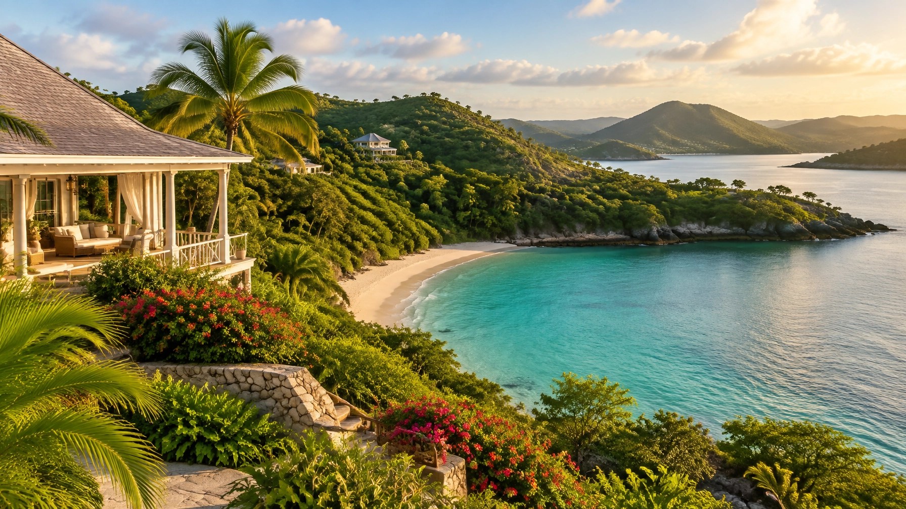 Secluded Antigua beach cove with calm aquamarine water, tropical hills, and an elegant boutique resort villa