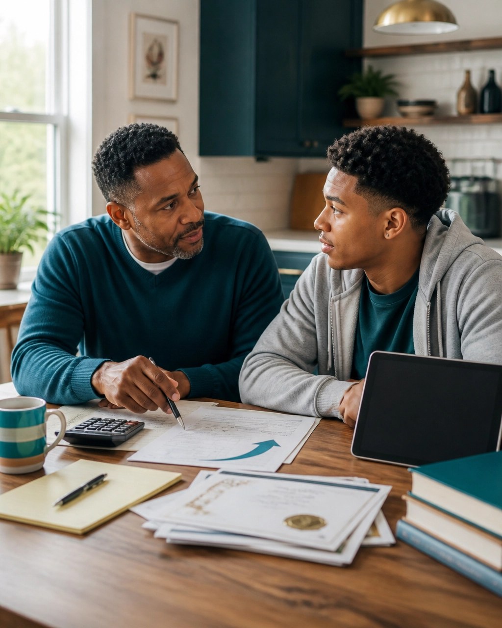 A Black parent and college student reviewing a total cost worksheet, calculator, scholarship papers, and books at a kitchen table