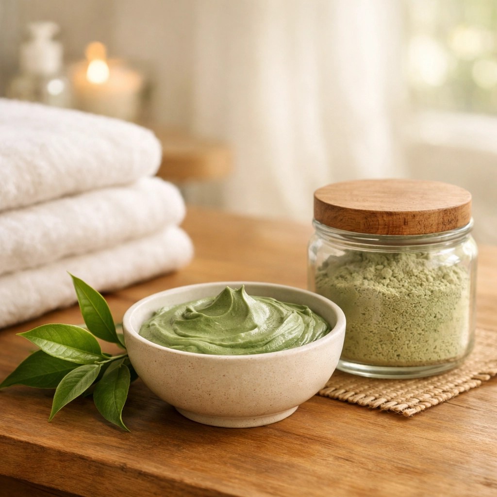 A natural green clay face mask mixed with green tea in a bowl for an oily skin skincare routine.