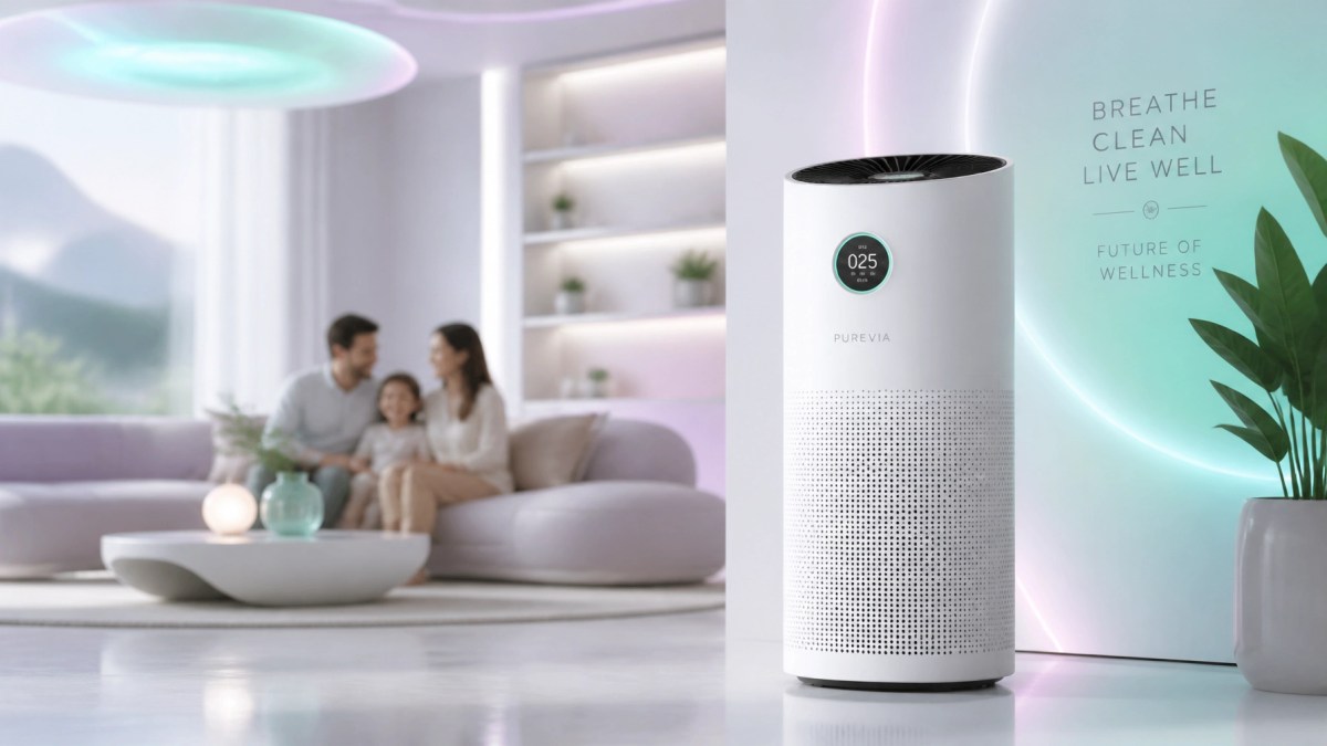 A modern living room with a bright, pastel gradient and a sleek air purification unit.
