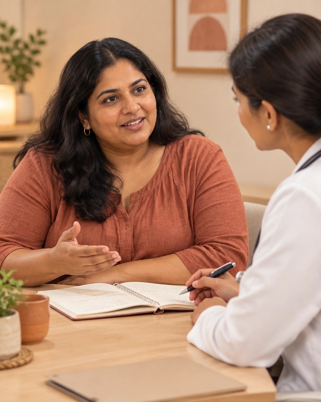 A woman reviewing symptoms with a healthcare provider