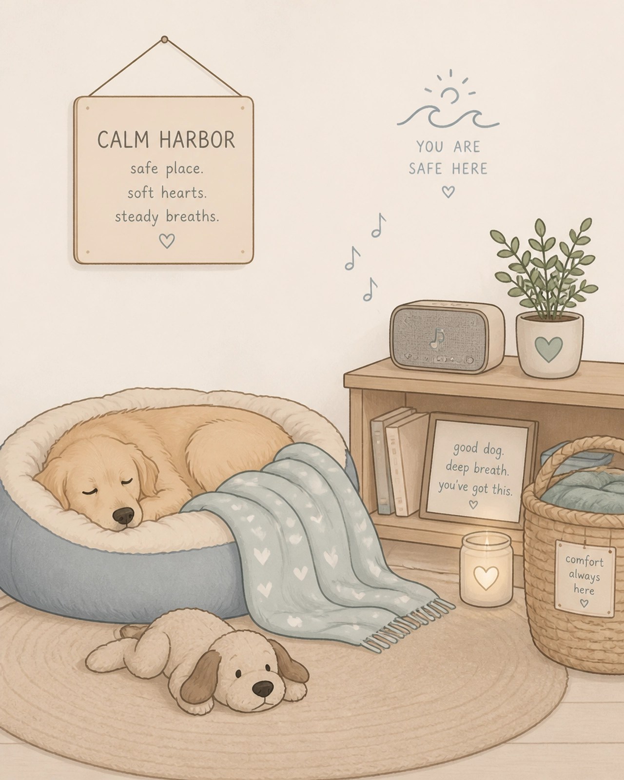 A minimalist illustration of a dog's 'calm harbor' with a bed, blankets, and a speaker.