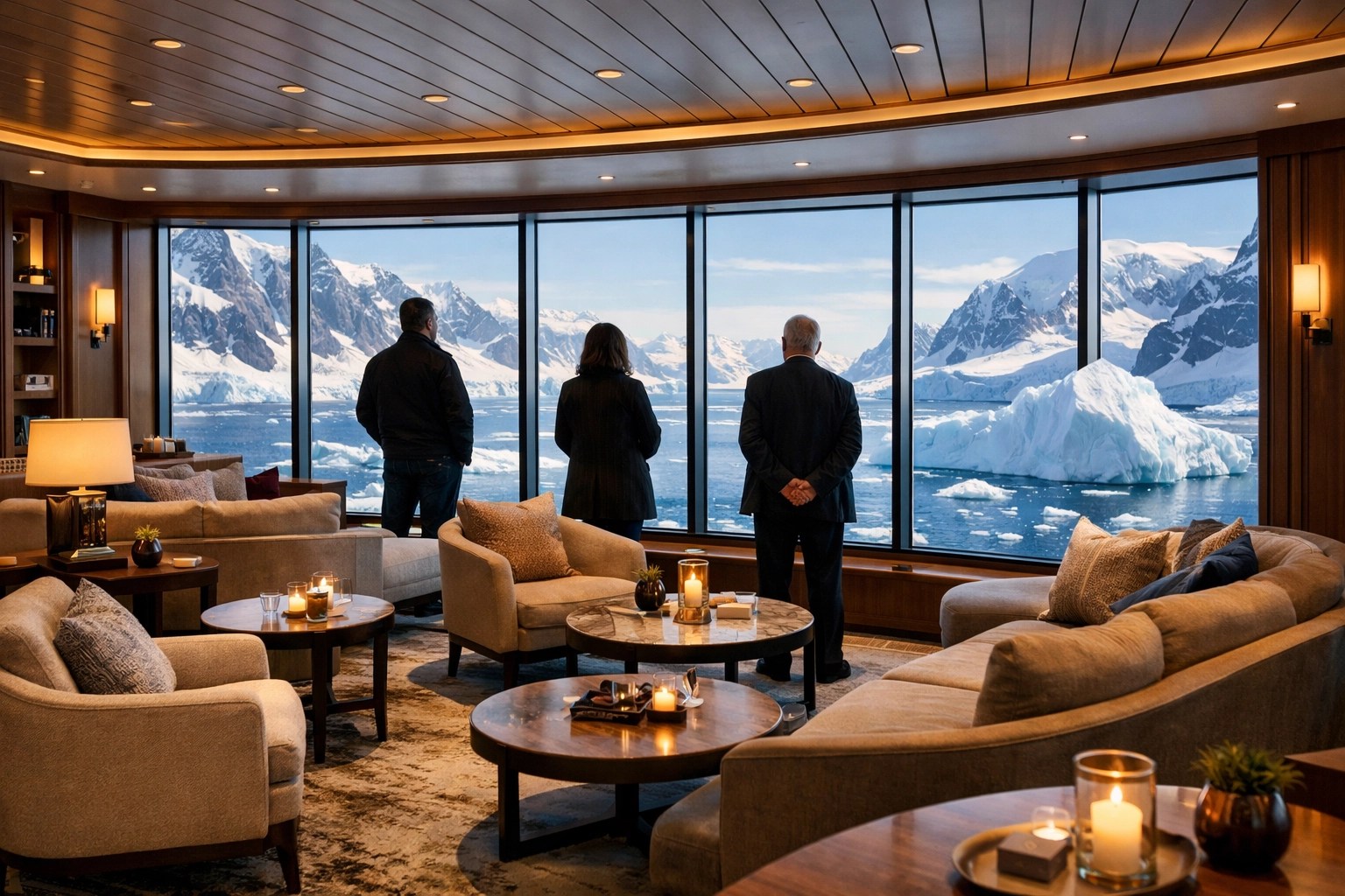 Luxury expedition ship observation lounge with panoramic Antarctic iceberg views