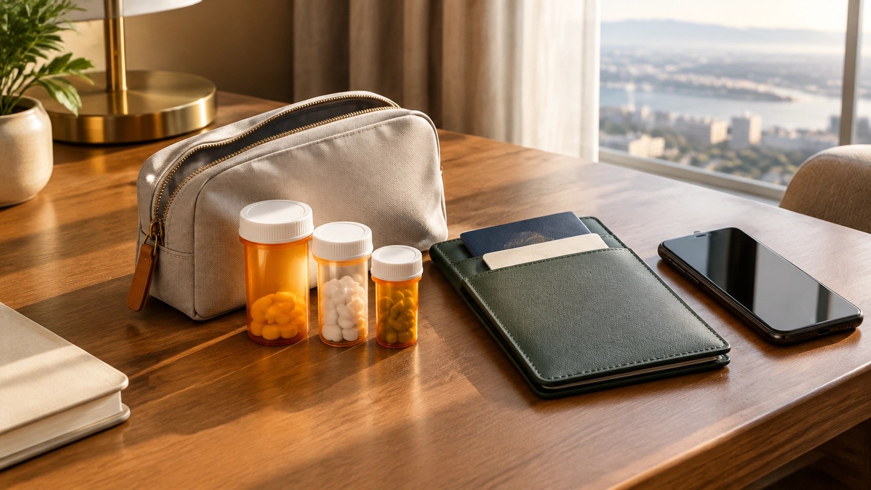Travel pouch with essential documents, medication and a phone on a hotel desk