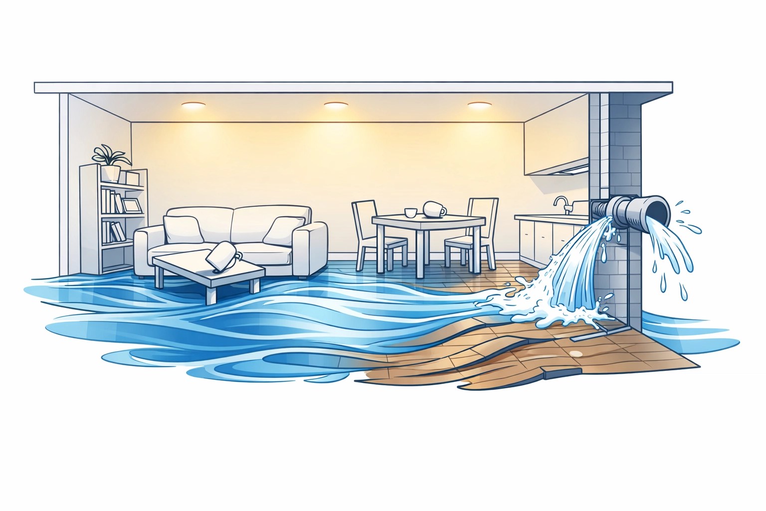 Water damage spreading across hardwood floors from burst pipe in DFW home