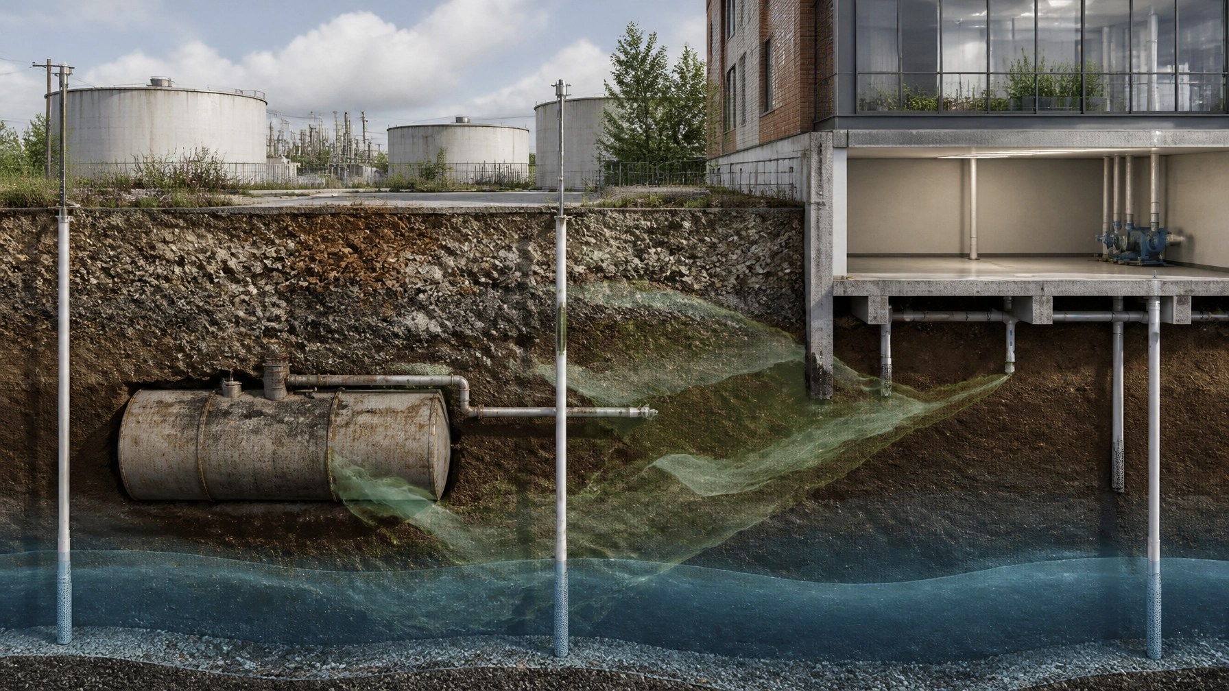 Technical cutaway visualization showing historic fill, an underground storage tank, groundwater, vapor migration, and a proposed building control system