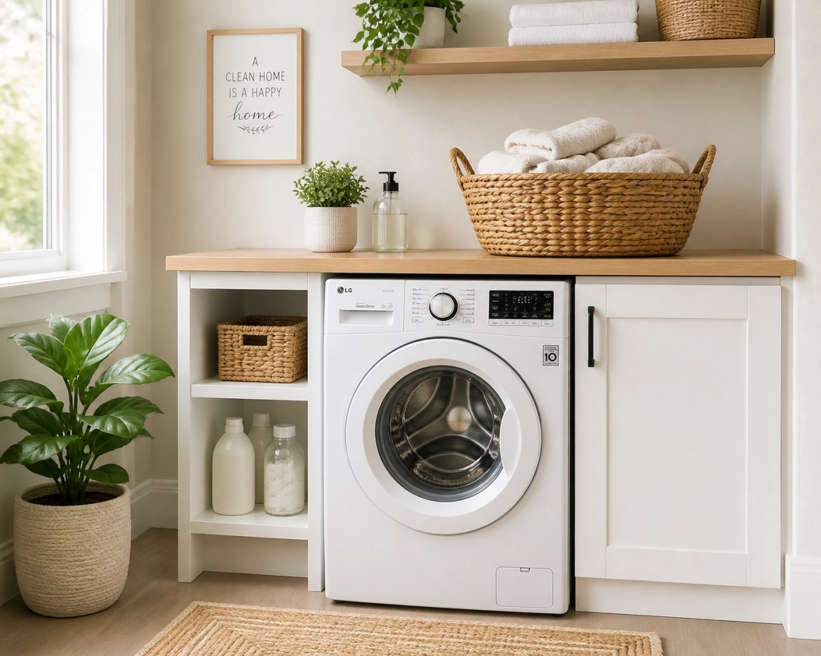 Organized laundry room with a modern washing machine and a basket of clean linens.