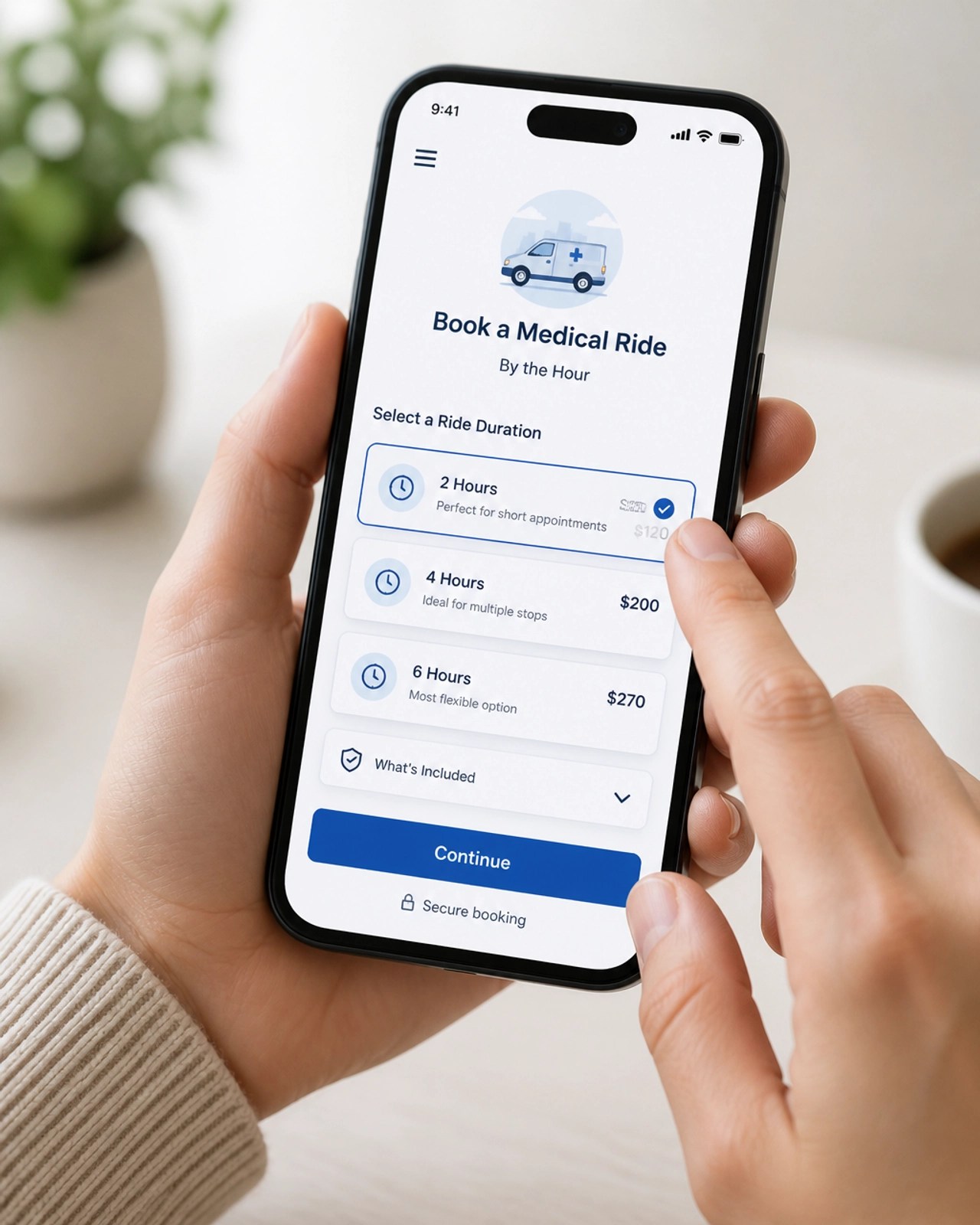 A person using a smartphone app to book a medical ride by the hour