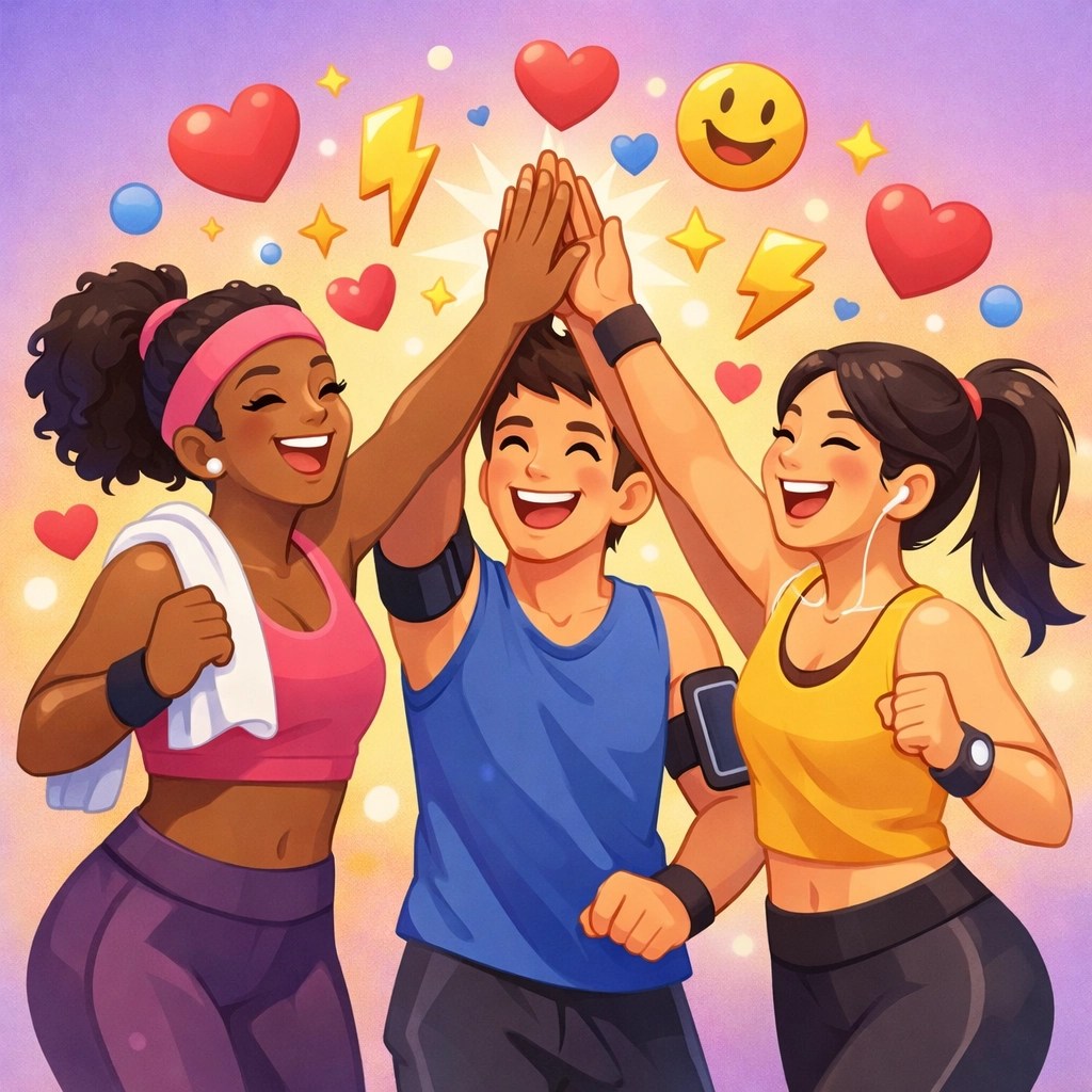 Happy friends high-fiving after exercise to represent the mood-boosting endorphins released by sweating.