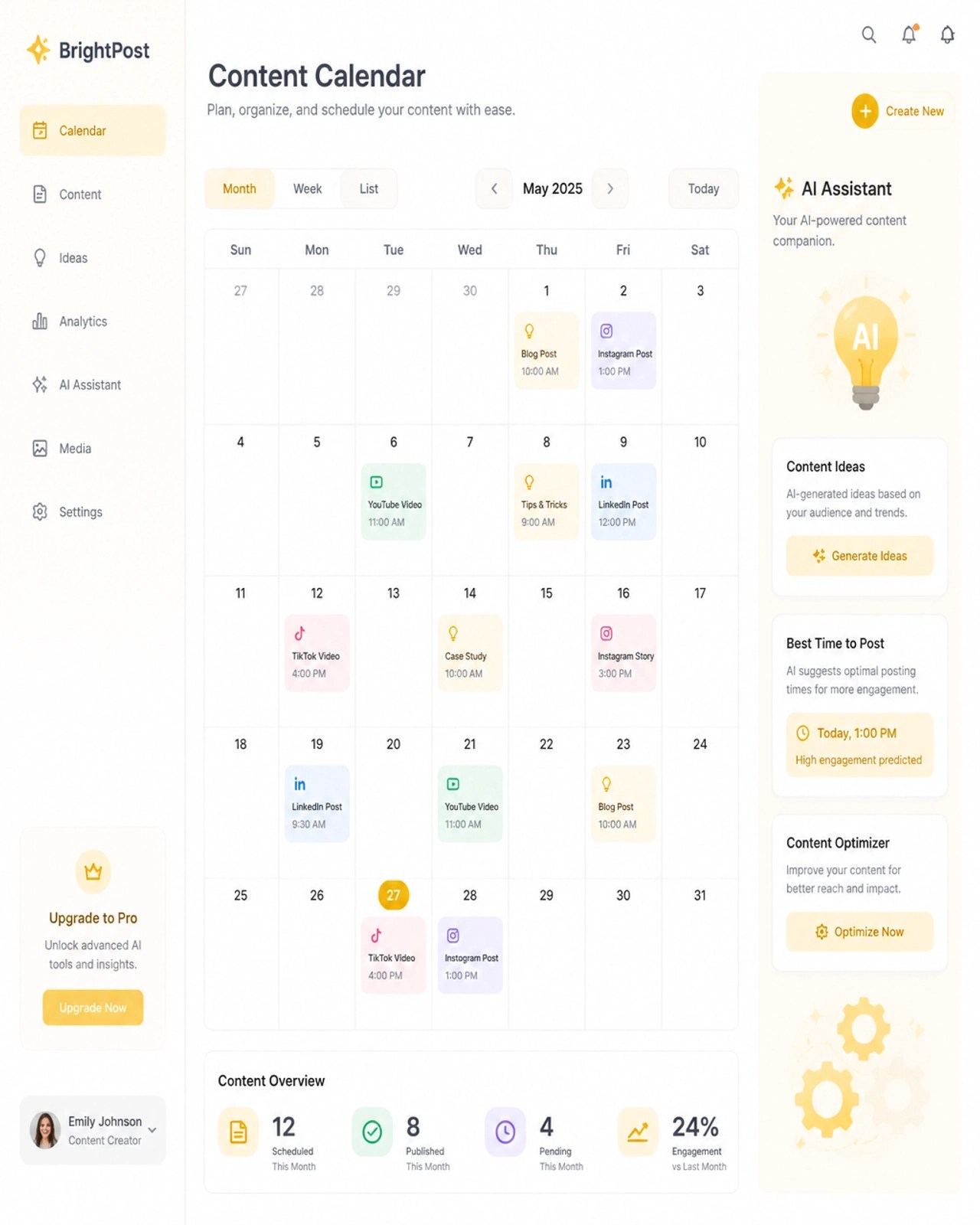 A bright digital interface showing a content calendar and creative AI icons.