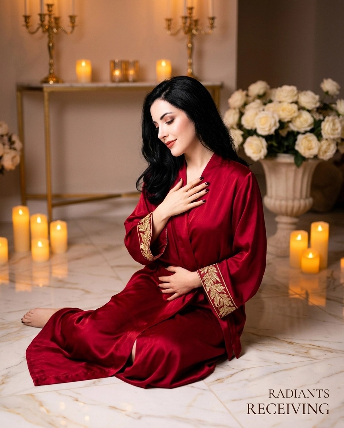 Woman performing a nightly feminine energy somatic ritual in luxury candlelit room