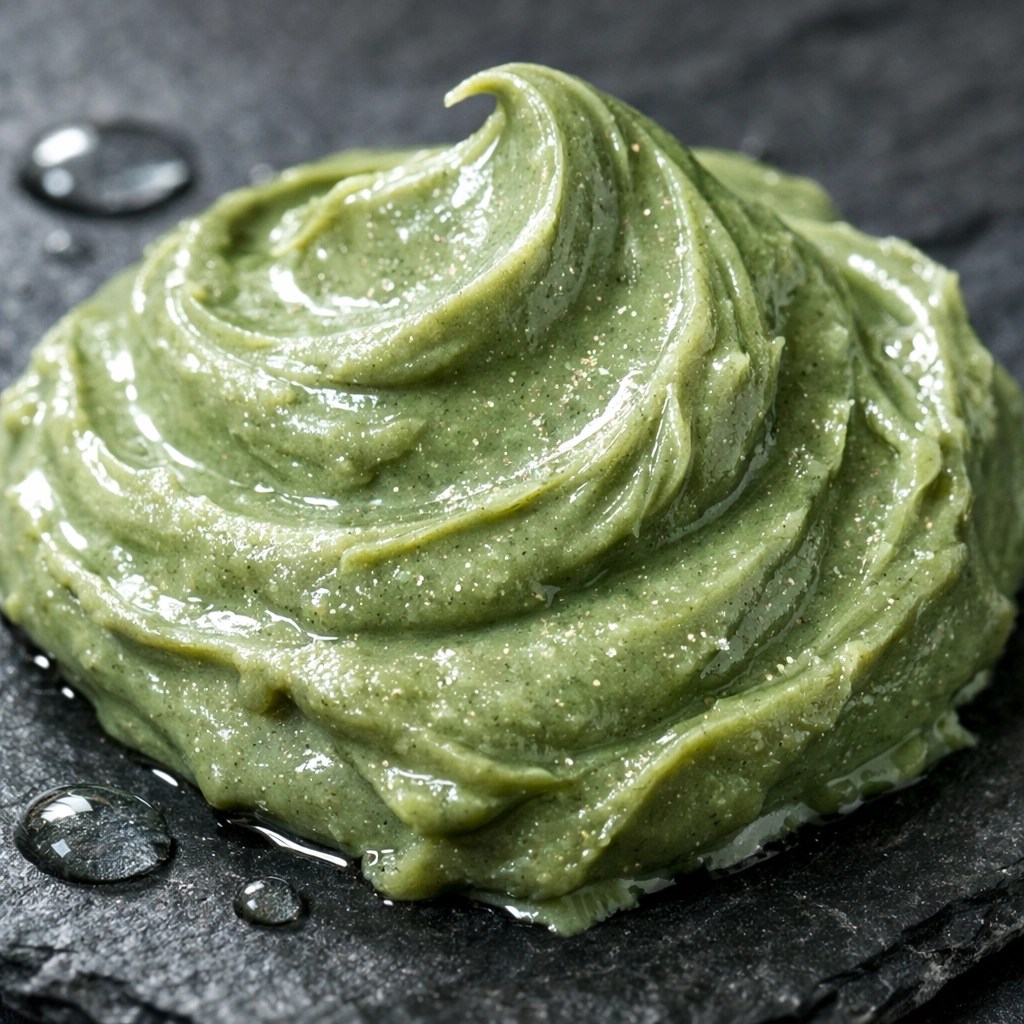 Macro shot of mineral-rich French green clay showing the creamy texture for skin and joint healing.