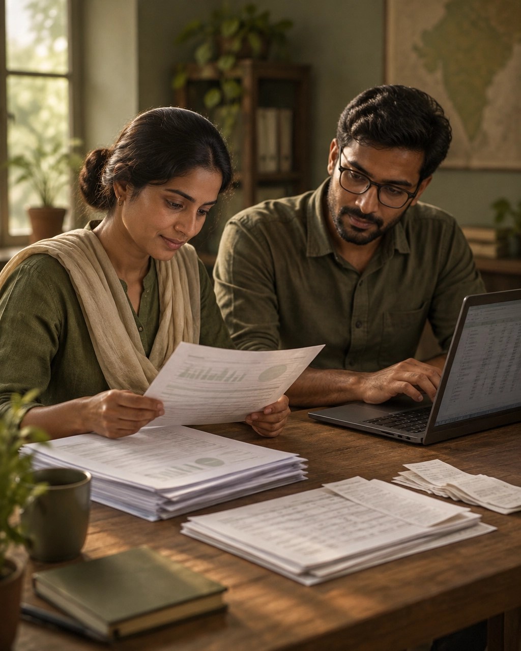 Two NGO colleagues comparing a report with supporting donation documents