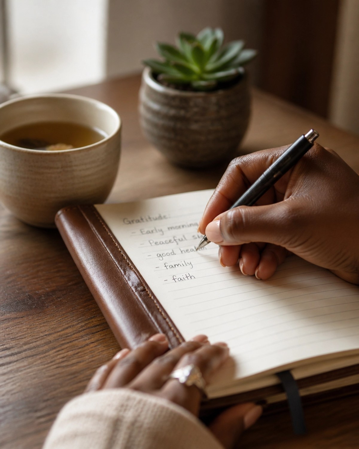 A person of color journaling, capturing thoughts on growth and intentions