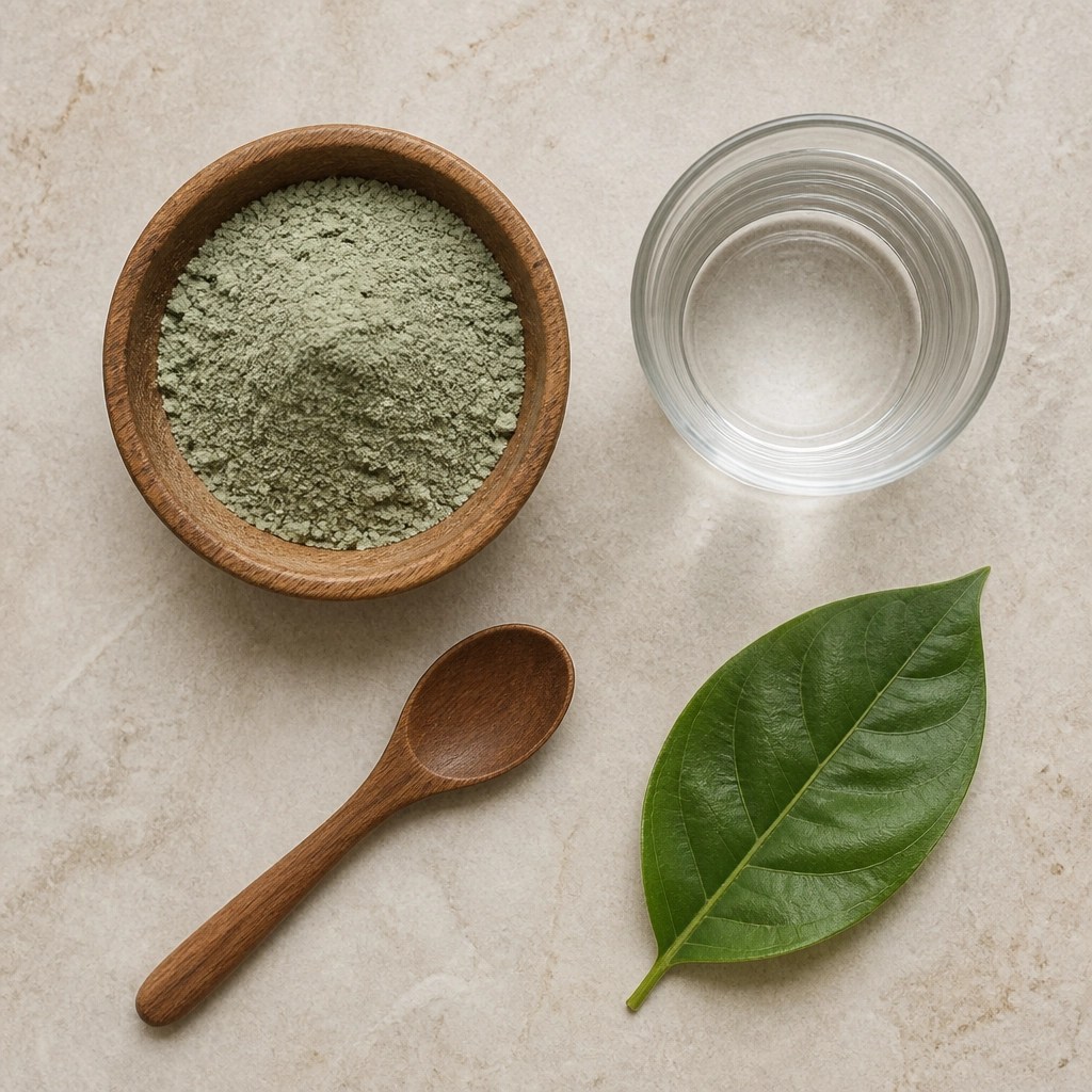 Minimalist wellness kit with green clay powder and water