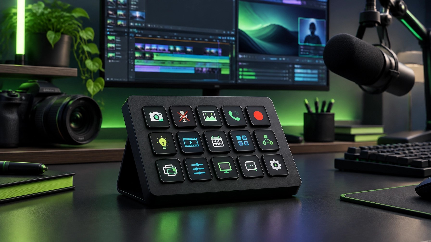A colorful programmable control pad on a creator desk with camera, microphone, and editing controls