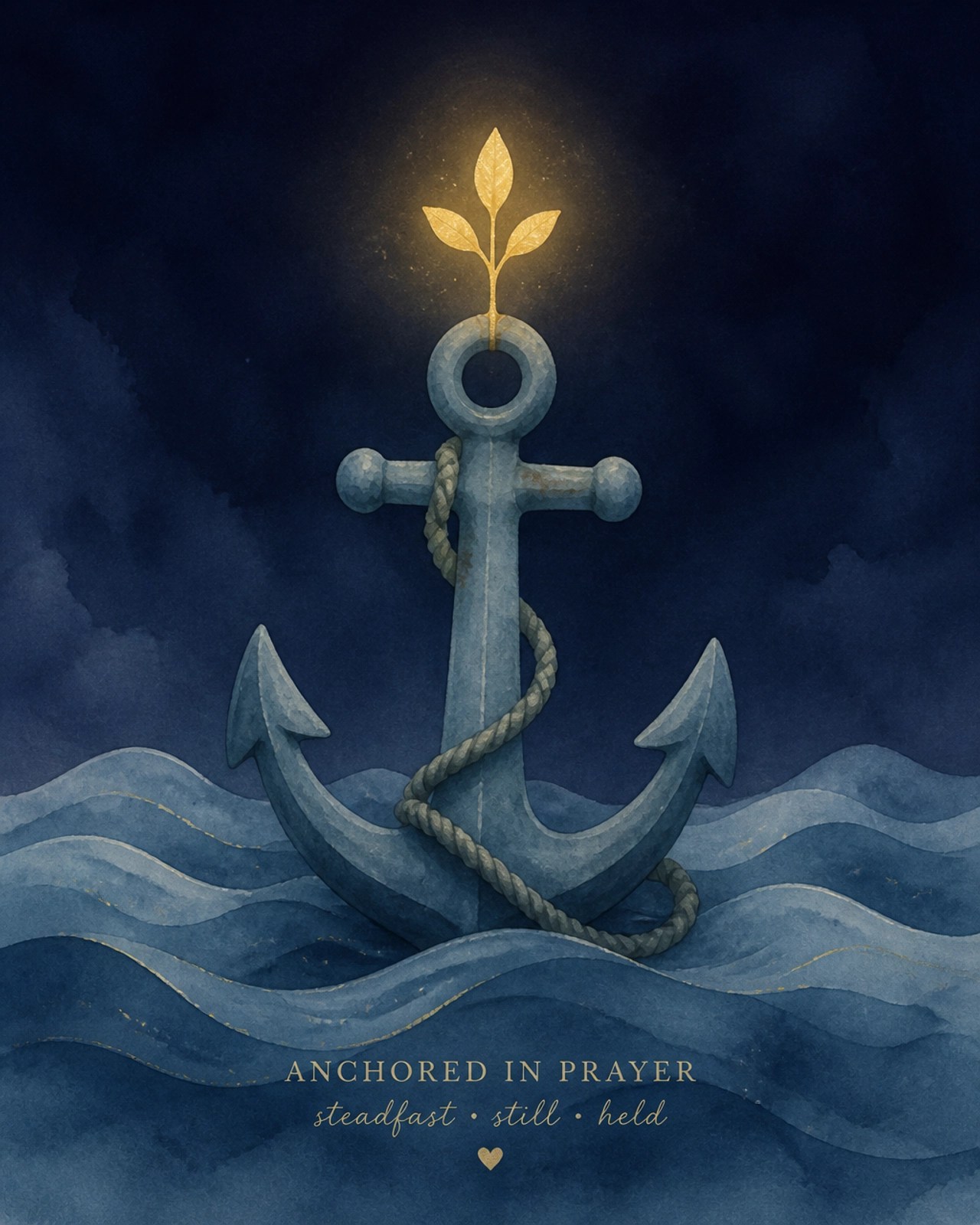 A dusty blue nautical anchor resting on soft, watercolor-textured waves. A tiny, glowing gold seedling is sprouting from the top of the anchor.