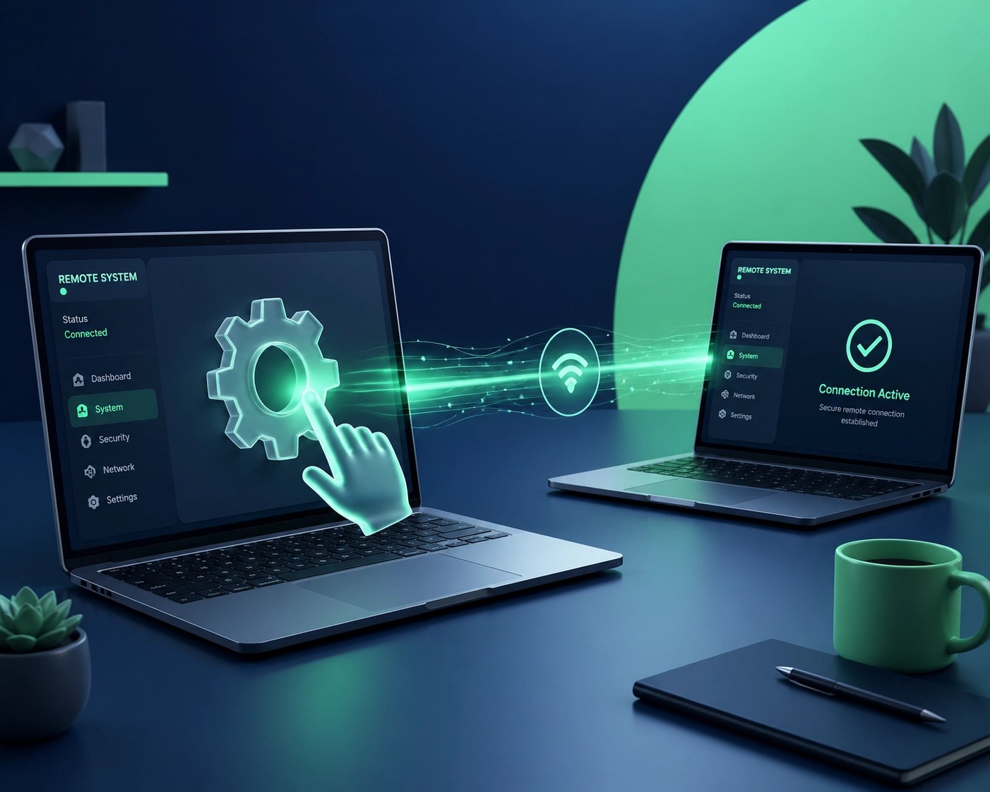 Seamless remote connection between two laptops for troubleshooting and secure PC system optimization.