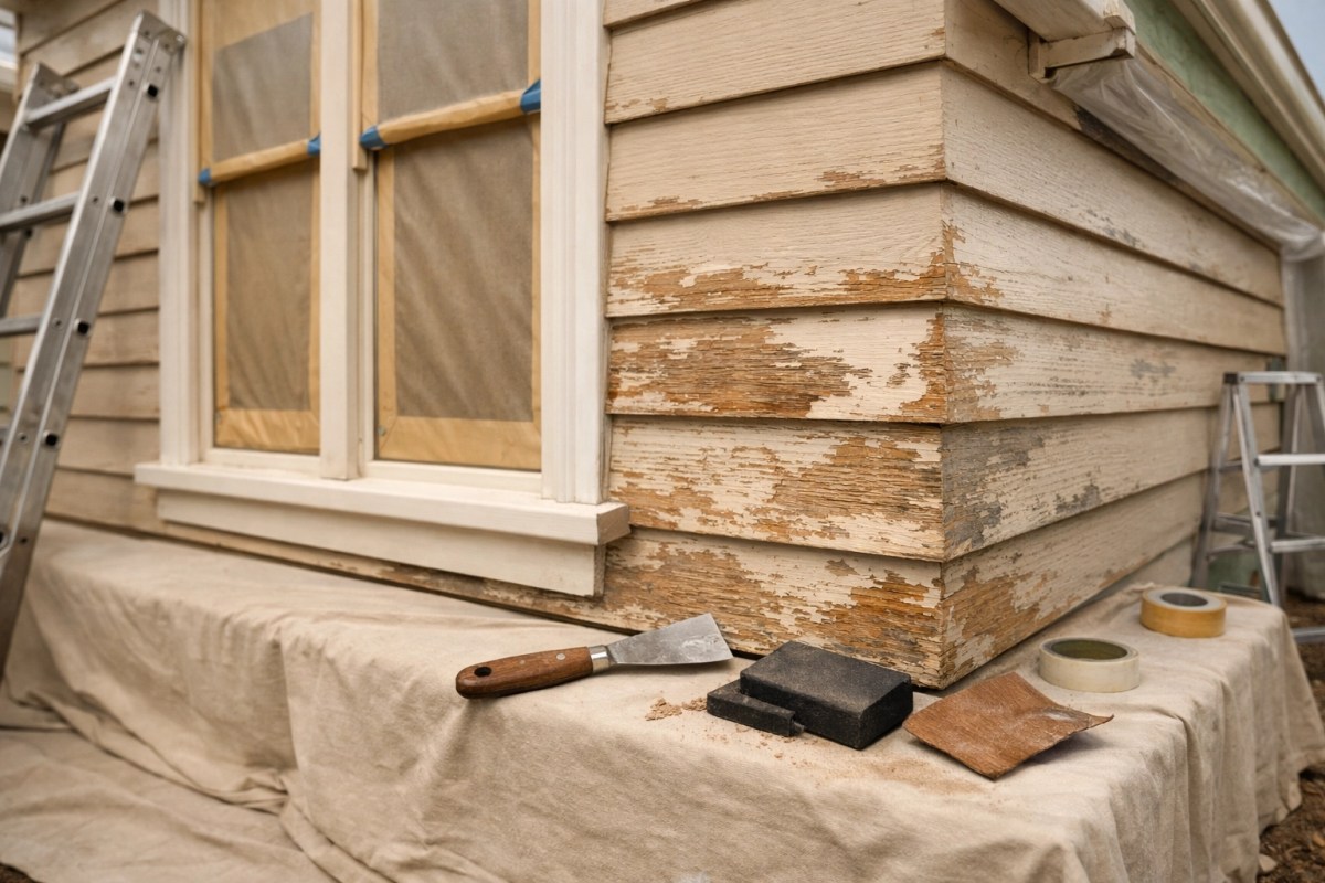 Professional exterior house preparation with scraping and sanding timber weatherboards