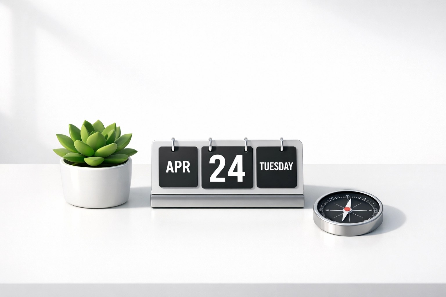 Office desk with a calendar and compass symbolizing an annual business health insurance plan review.