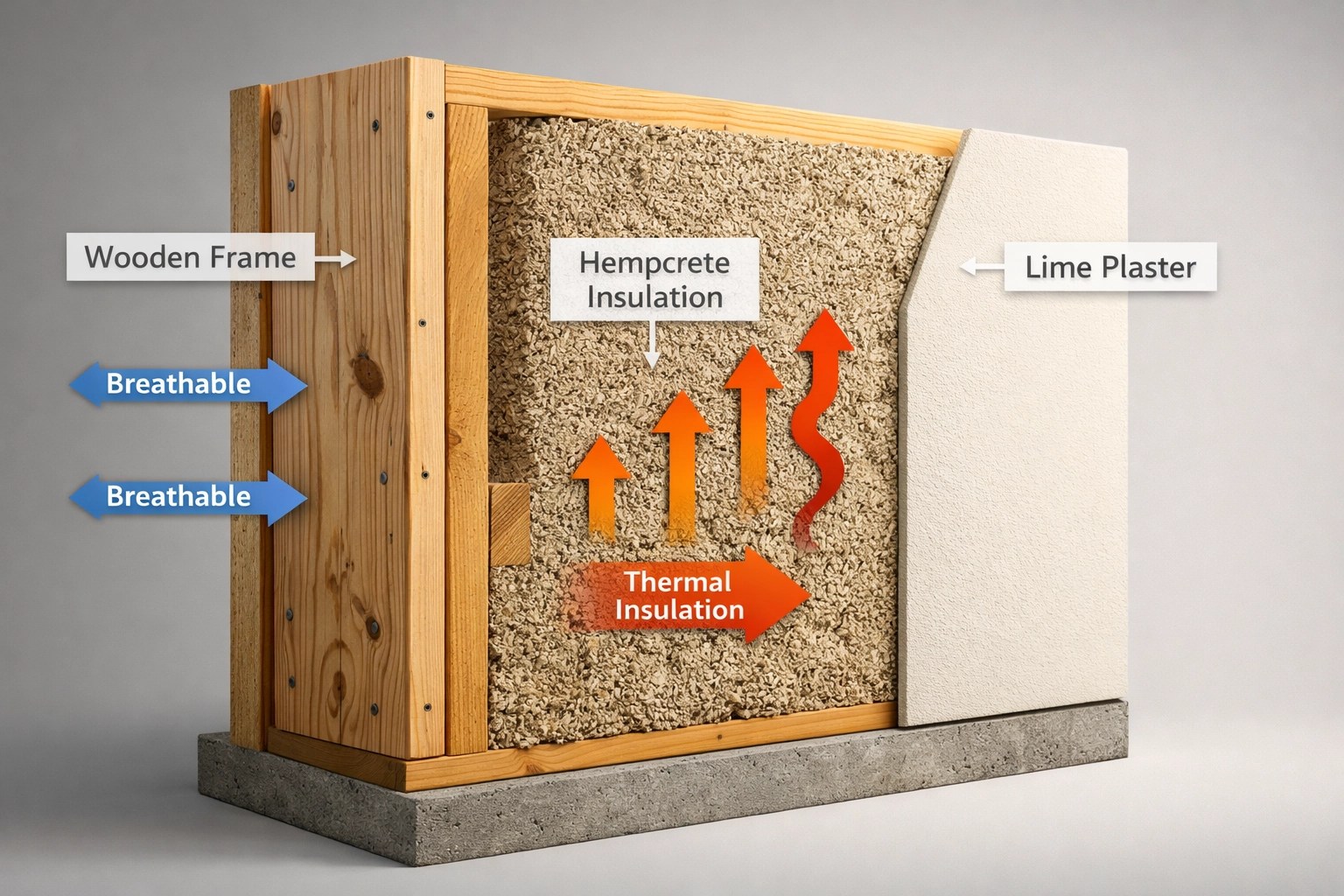 Hempcrete wall system showing insulation layers and wooden frame structure