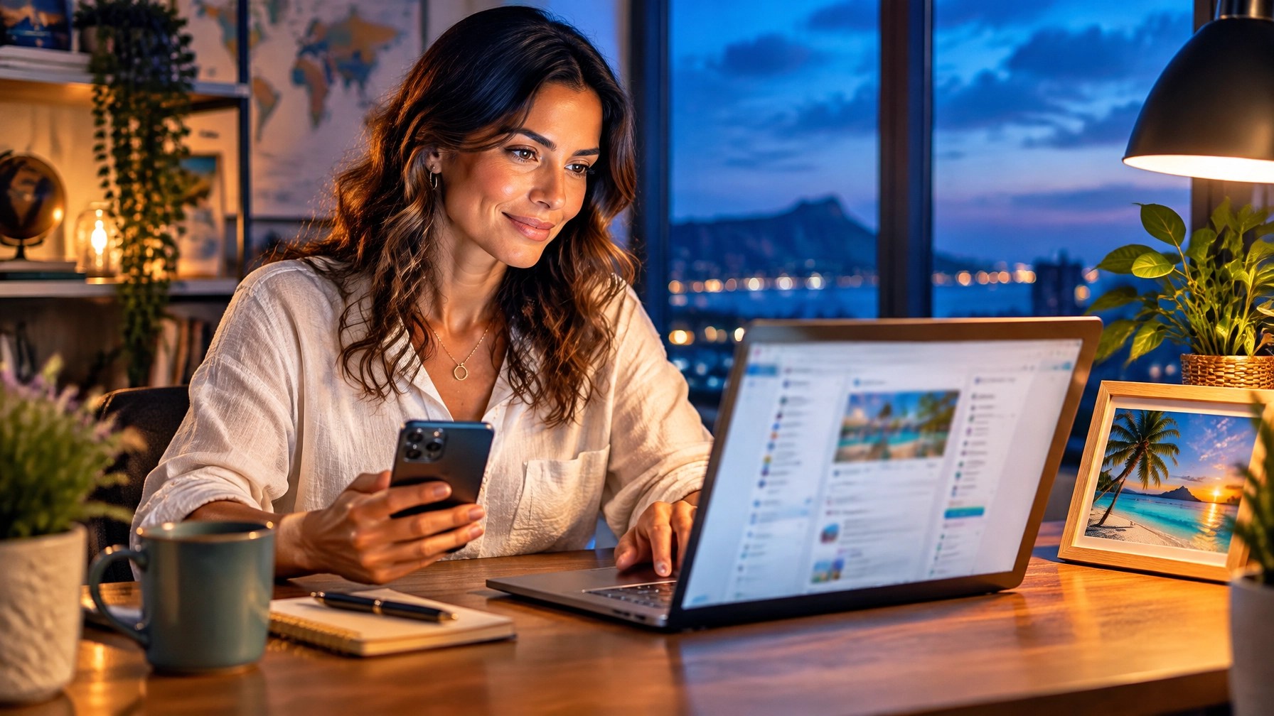 A home-based entrepreneur using a laptop and phone to plan travel content in a warm, modern home office