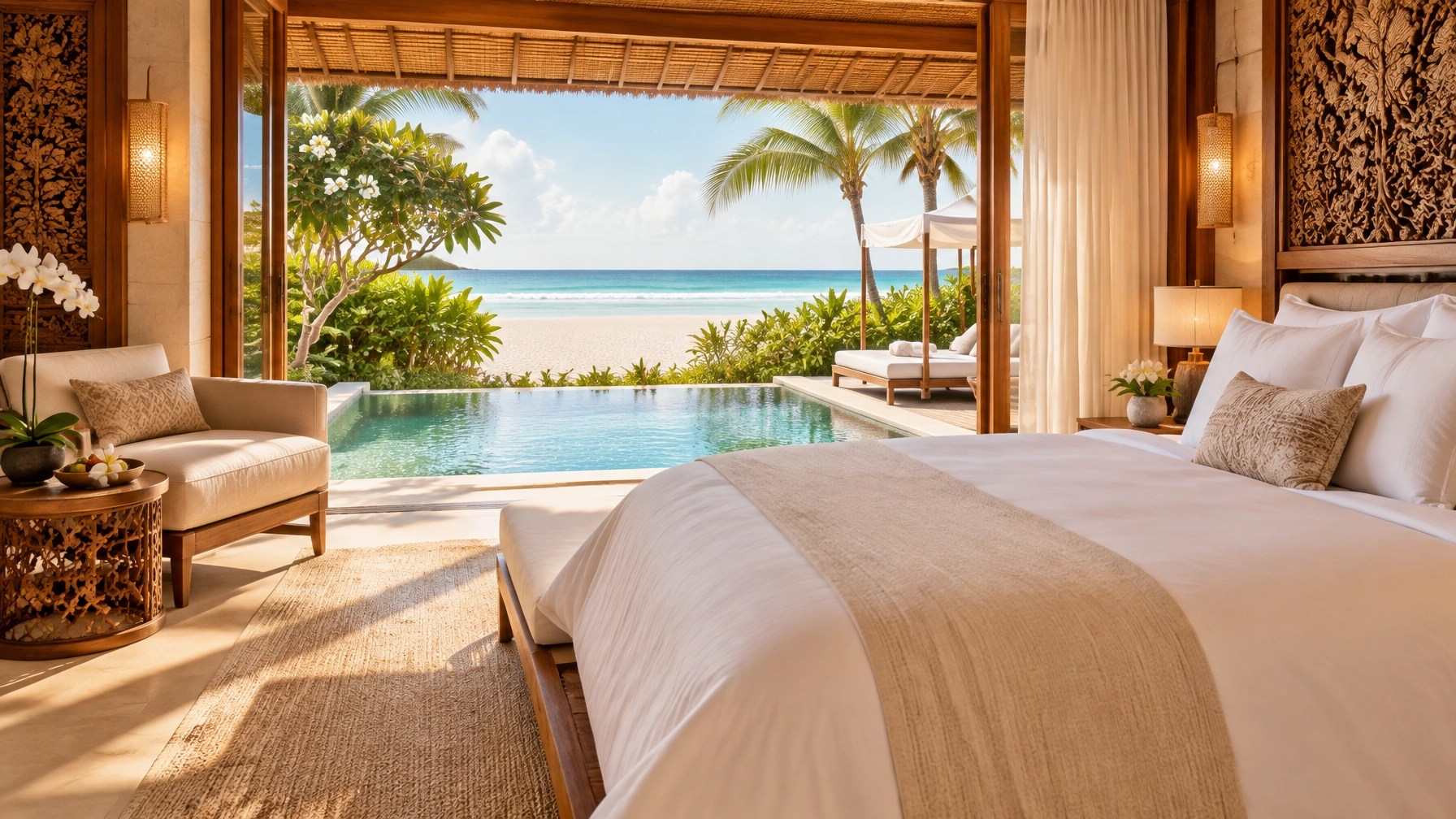 Luxury Nusa Dua resort suite opening to a private pool and calm beach
