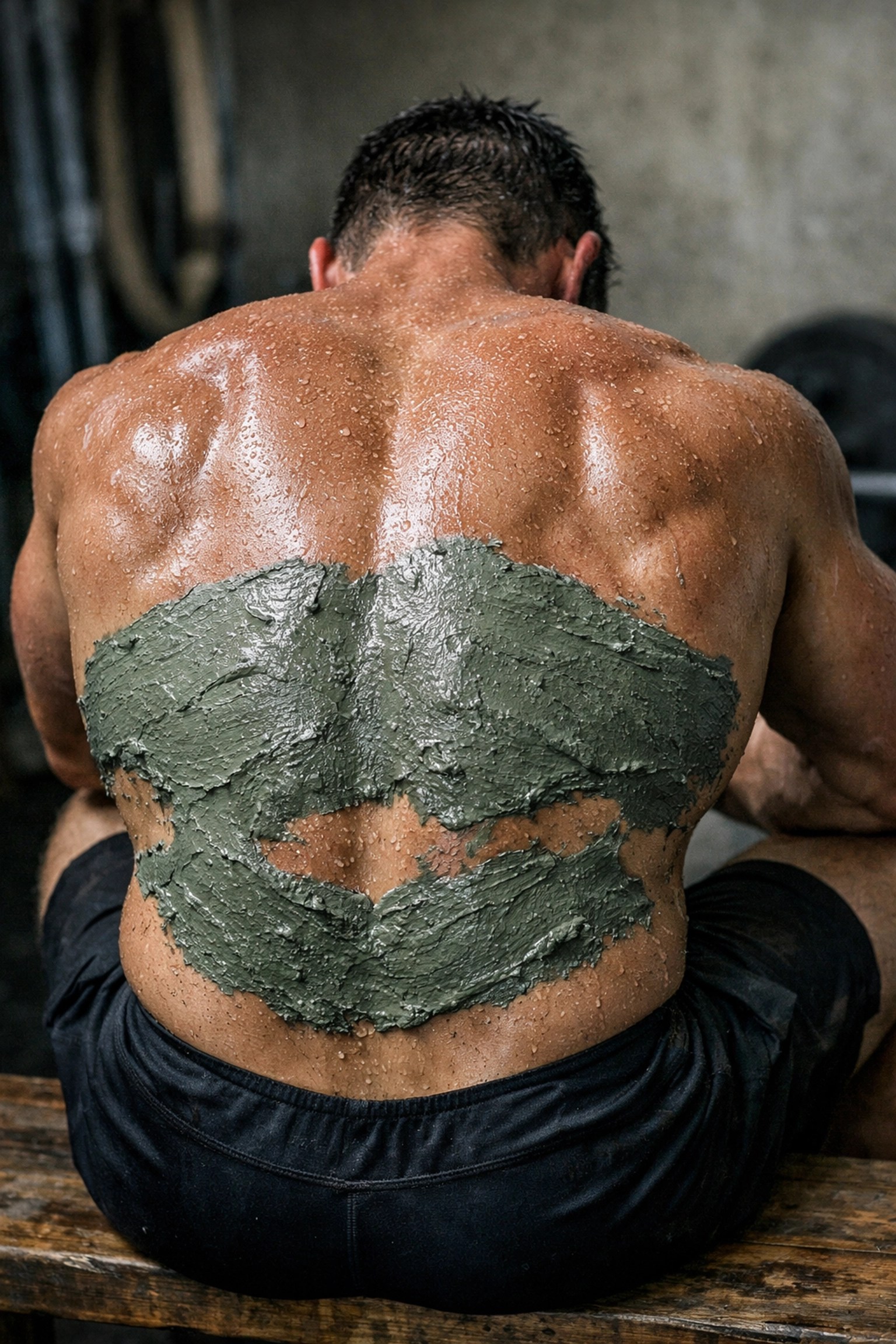 Natural mineral clay applied to lats for deep tissue recovery and effective back pain relief.