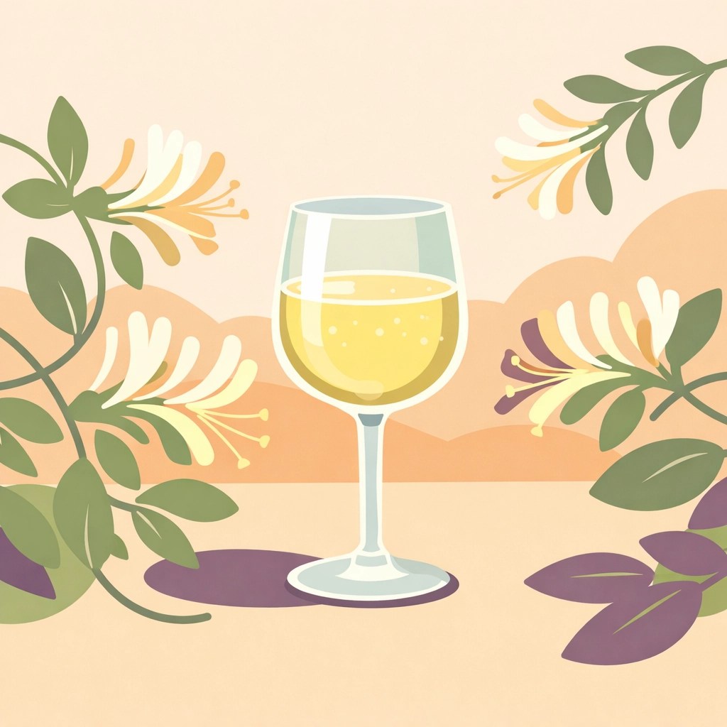 Chilled glass of Virginia Viognier white wine with floral honeysuckle and peach accents.