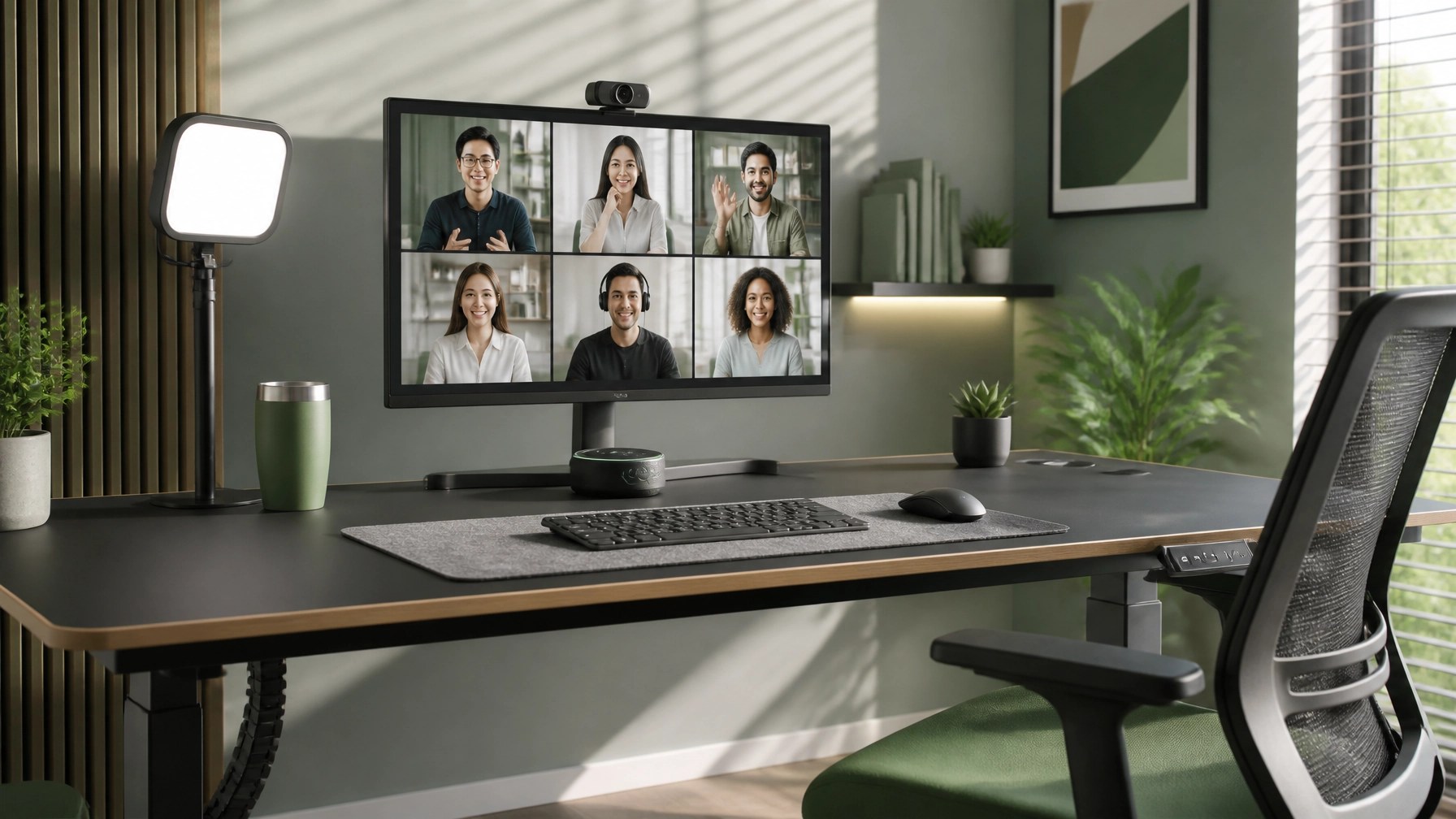 Premium home office productivity setup with monitor, webcam, lighting panel, speakerphone, keyboard, and sit-stand desk