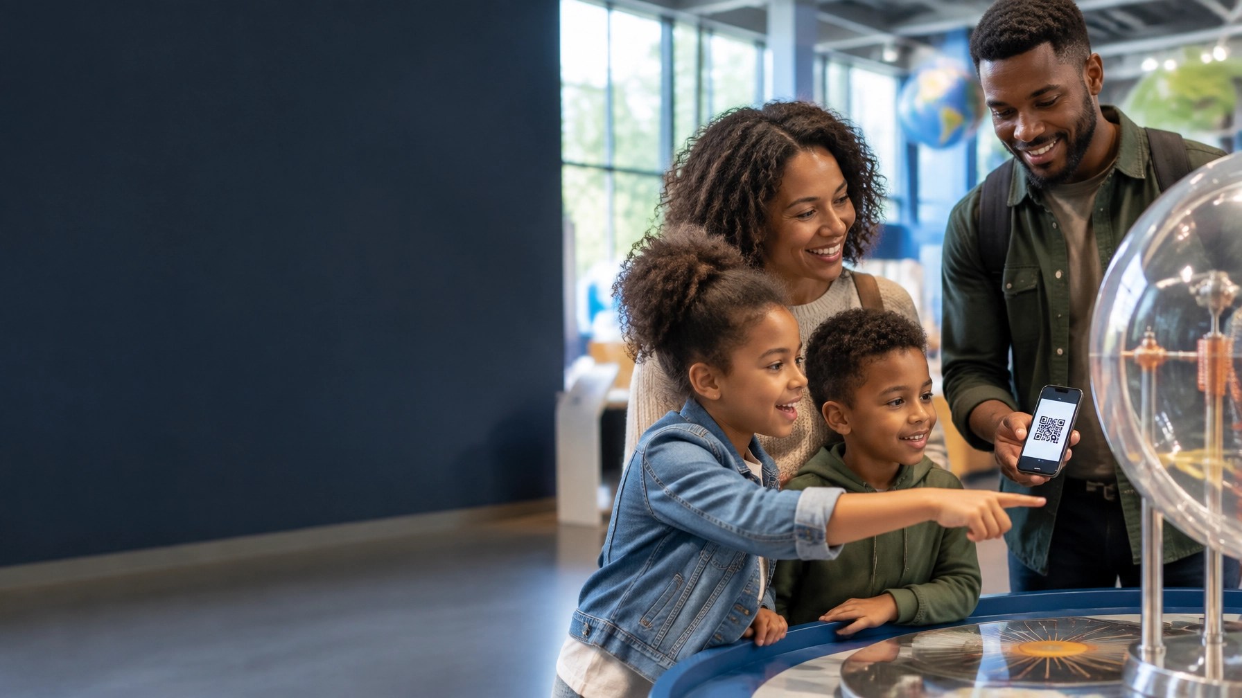 A family exploring an interactive science centre exhibit and sharing their discovery