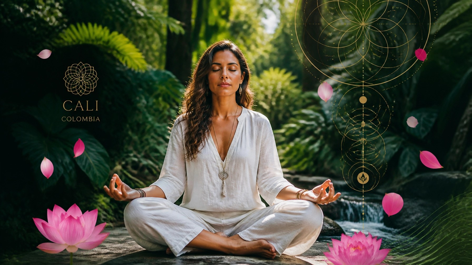 Persona meditando en un entorno natural colombiano con elementos ilustrativos de serenidad