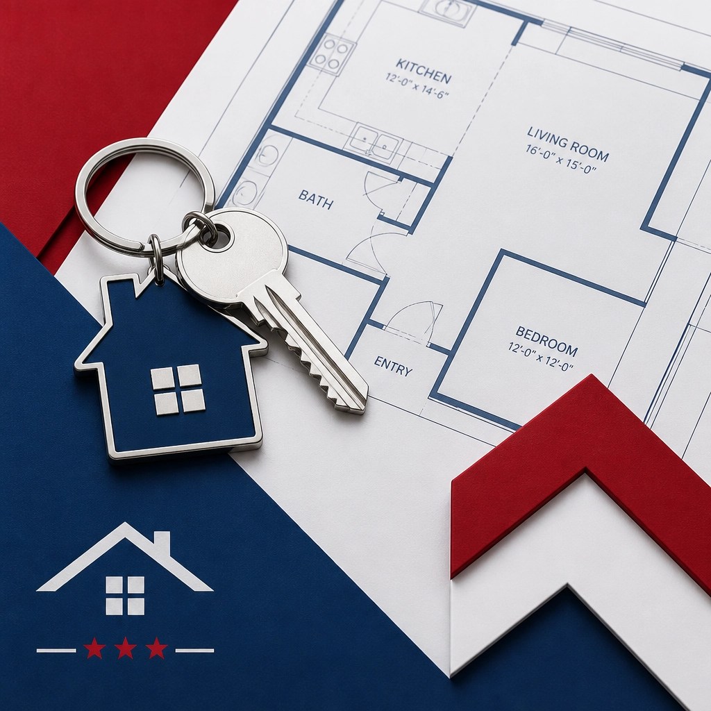 A professional geometric illustration of home keys and blueprints in patriotic colors.
