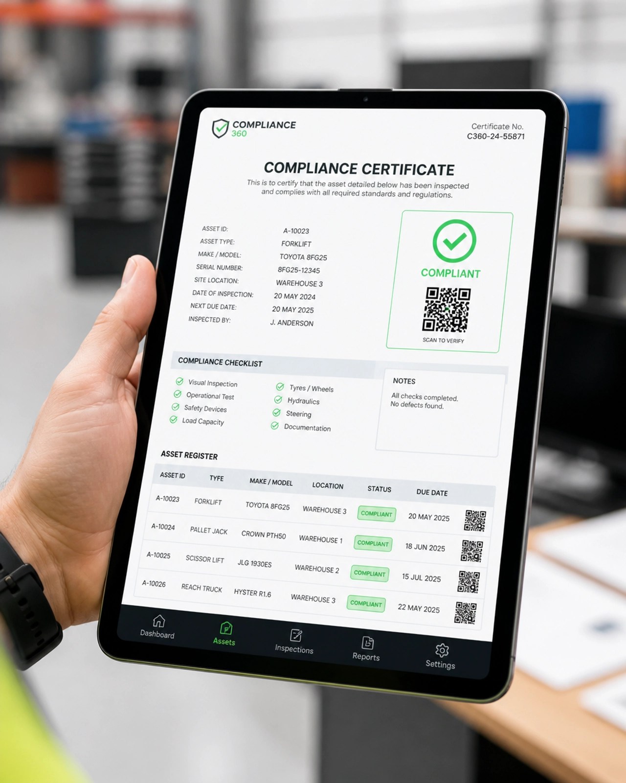 Digital tablet displaying a compliance certificate and asset register for professional reporting