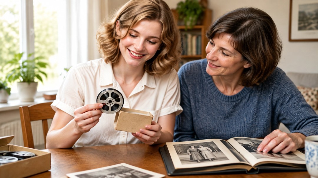 Family members look through an old home-movie reel and photographs together