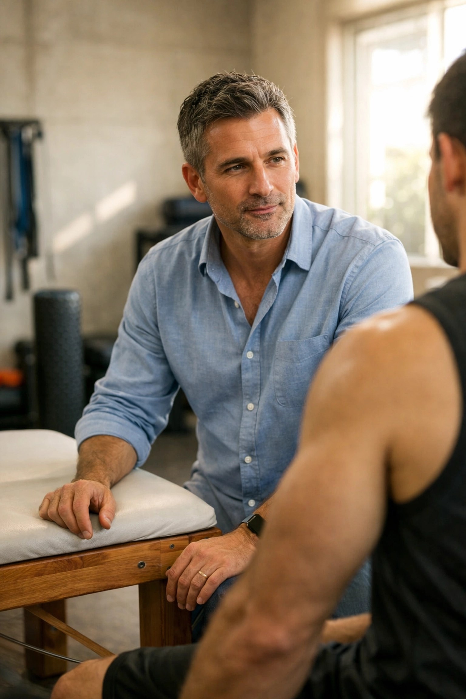 Consultant Tibs Parise evaluating an athlete's shoulder for natural sports recovery and healing.