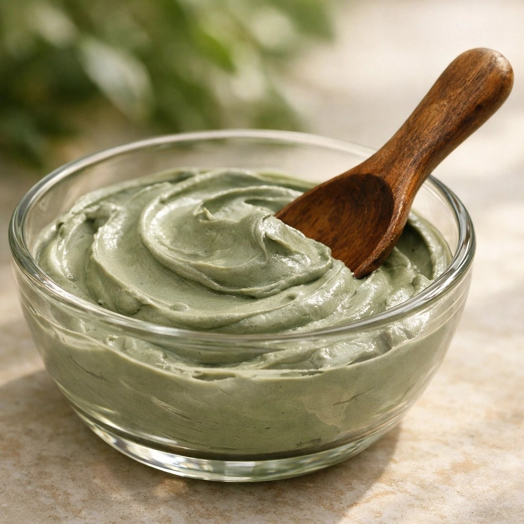 Preparing food grade clay with a wooden spoon and glass bowl to preserve its natural healing properties.